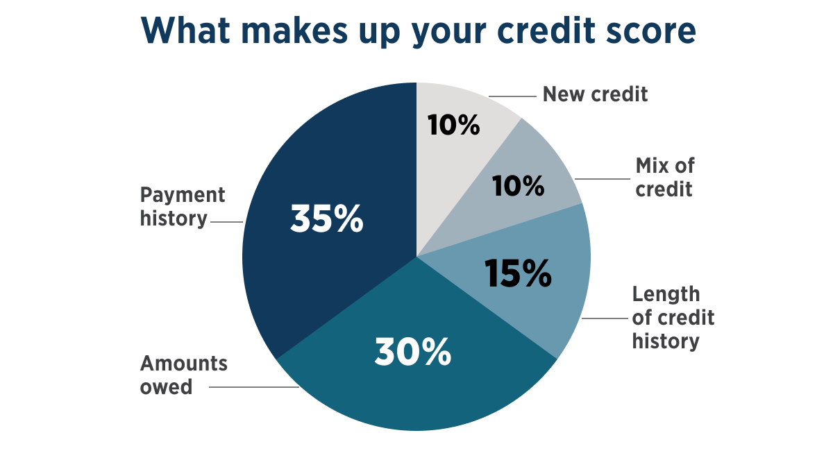 Pie graph showing what makes up your credit score. New credit is 10%, Mix of credit is 10%, Length of credit history is 15%, Amounts owed is 30%, and Payment history is 35%.