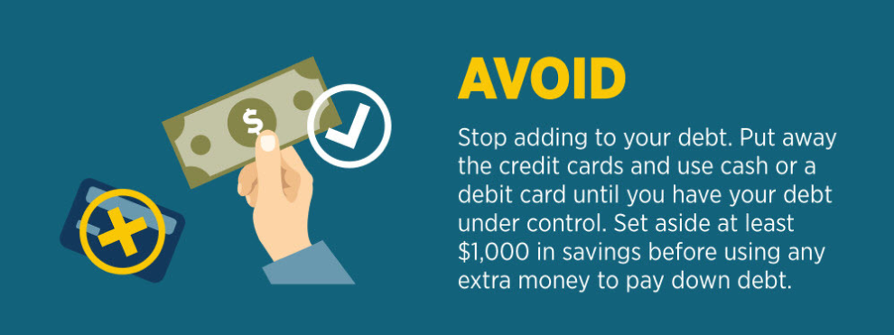 AVOID Stop adding to your debt. Put away the credit cards and use cash or a debit card until you have your debt under control. Set aside at least $1,000 in savings before using any extra money to pay down debt.