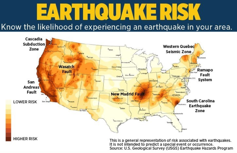 Earthquake Risk Know the likelihood of experiencing an earthquake in your area Higher risk areas are Cascadia Subduction Zone San Andreas Wasatch and New Madrid Faults Lower risk areas are South Carolina Earthquake Zone Western Quebec Seismic Zone and Ramapo Fault System This is a general representation of risk associated with earthquakes It is not intended to predict a special event or occurrence Source U.S. Geographical Survey (USGS) Earthquake Hazards Program
