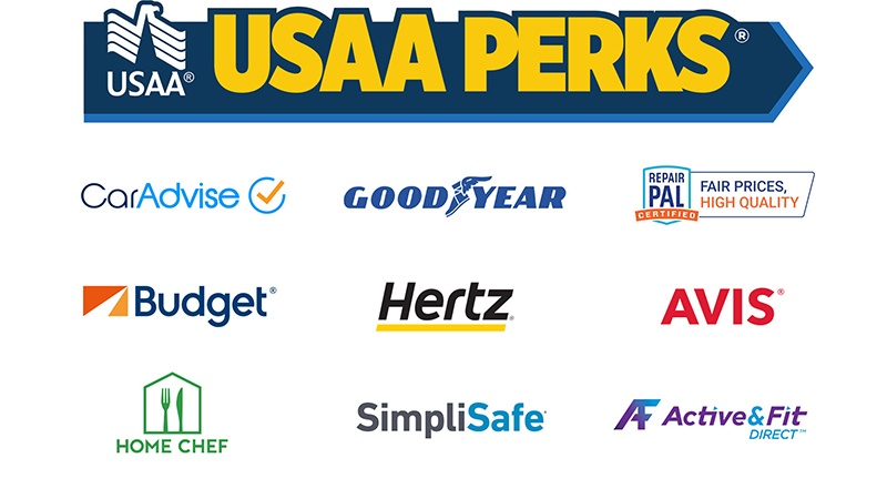 Partner brand logos including CarAdvise, Goodyear, RepairPal, Budget, Hertz, Avis, Home Chef, SimpliSafe, and Active & Fit Direct. These companies represent automotive services, car rentals, meal kits, home security, and fitness programs.