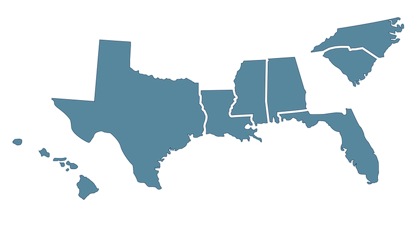Map showing Alabama, Florida, Hawaii, Louisiana, Mississippi, North Carolina, South Carolina and Texas, which have high risk coastal areas where wind insurance is most likely required by lenders.