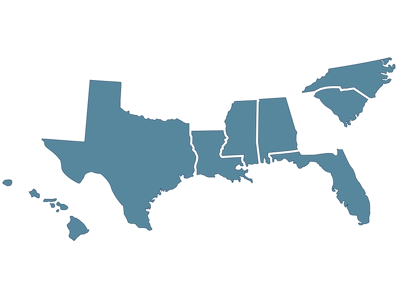Map showing Alabama, Florida, Hawaii, Louisiana, Mississippi, North Carolina, South Carolina and Texas, which have high risk coastal areas where wind insurance is most likely required by lenders.