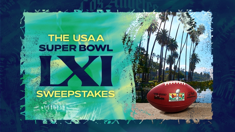 Image of Super Bowl branded football near water and palm trees with colorful graphic treatment and text promoting "The USAA Super Bowl LXI Sweepstakes".