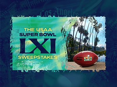 Image of Super Bowl branded football near water and palm trees with colorful graphic treatment and text promoting "The USAA Super Bowl LXI Sweepstakes".